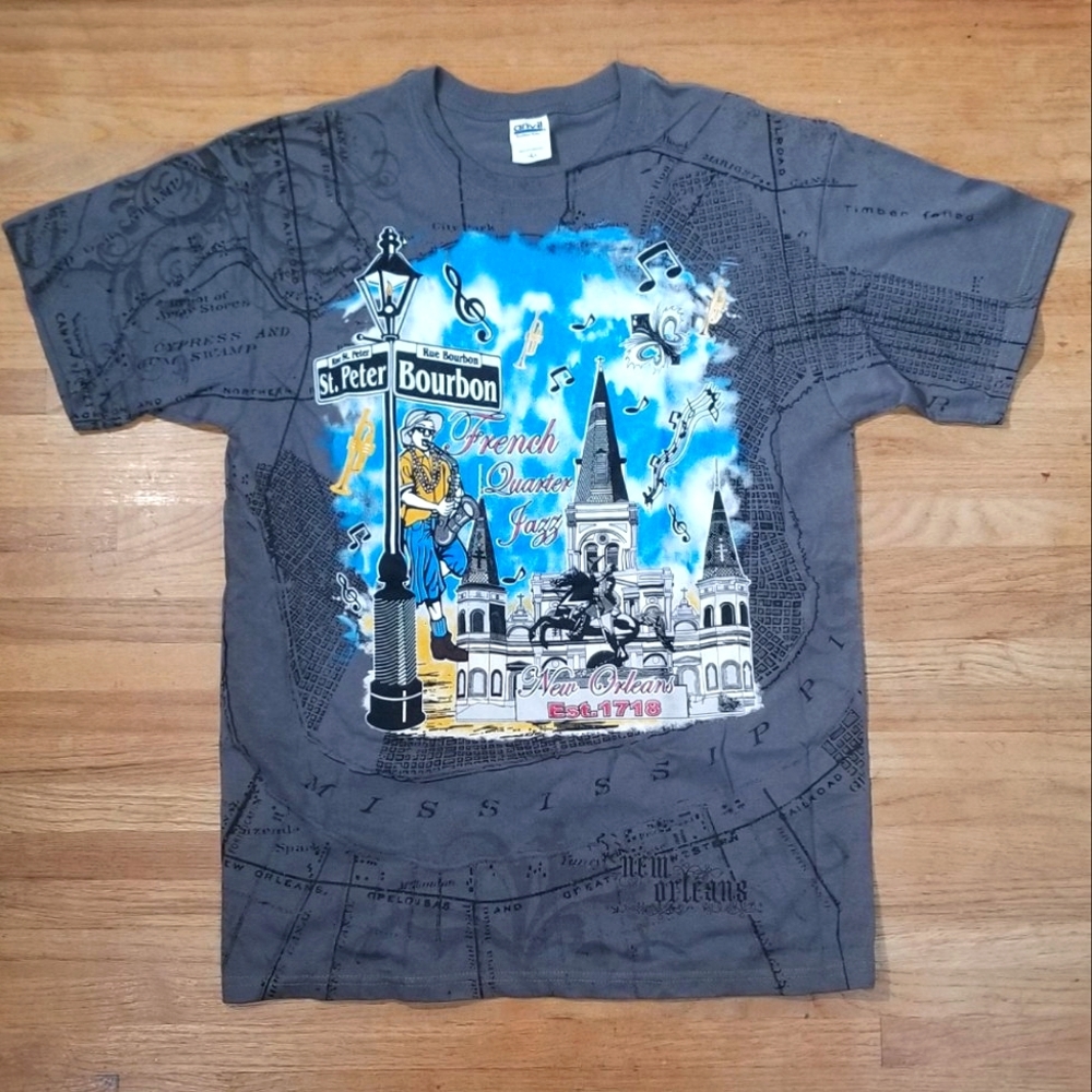 NWOT New Orleans French Quarter Jazz T Shirt Gray with NOLA Map Print Size L
